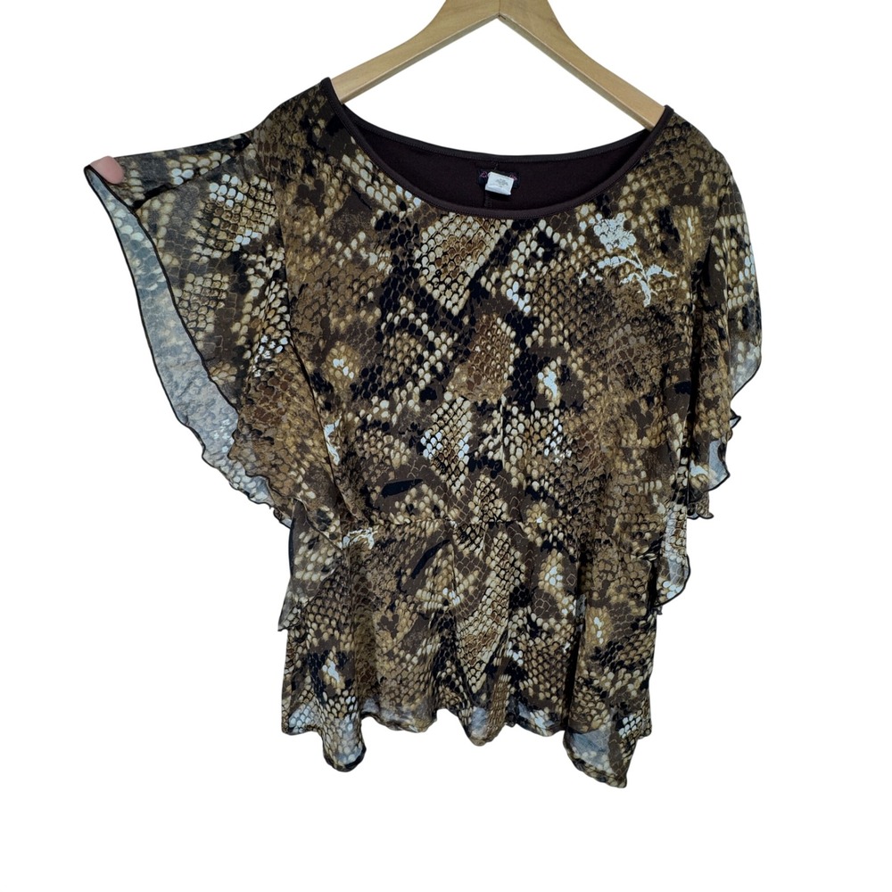 Cocomomo Woman Brown Snakeskin Print Flutter Sleeve Peplum Top 1X Y2K Chiffon
